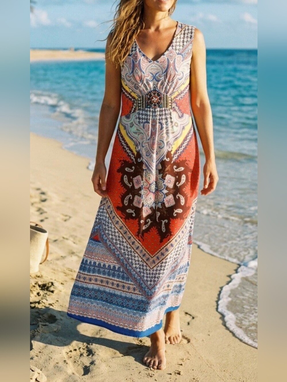 new directions Red & Blue Paisley Print V-Neck Maxi Dress Size‎ 1X